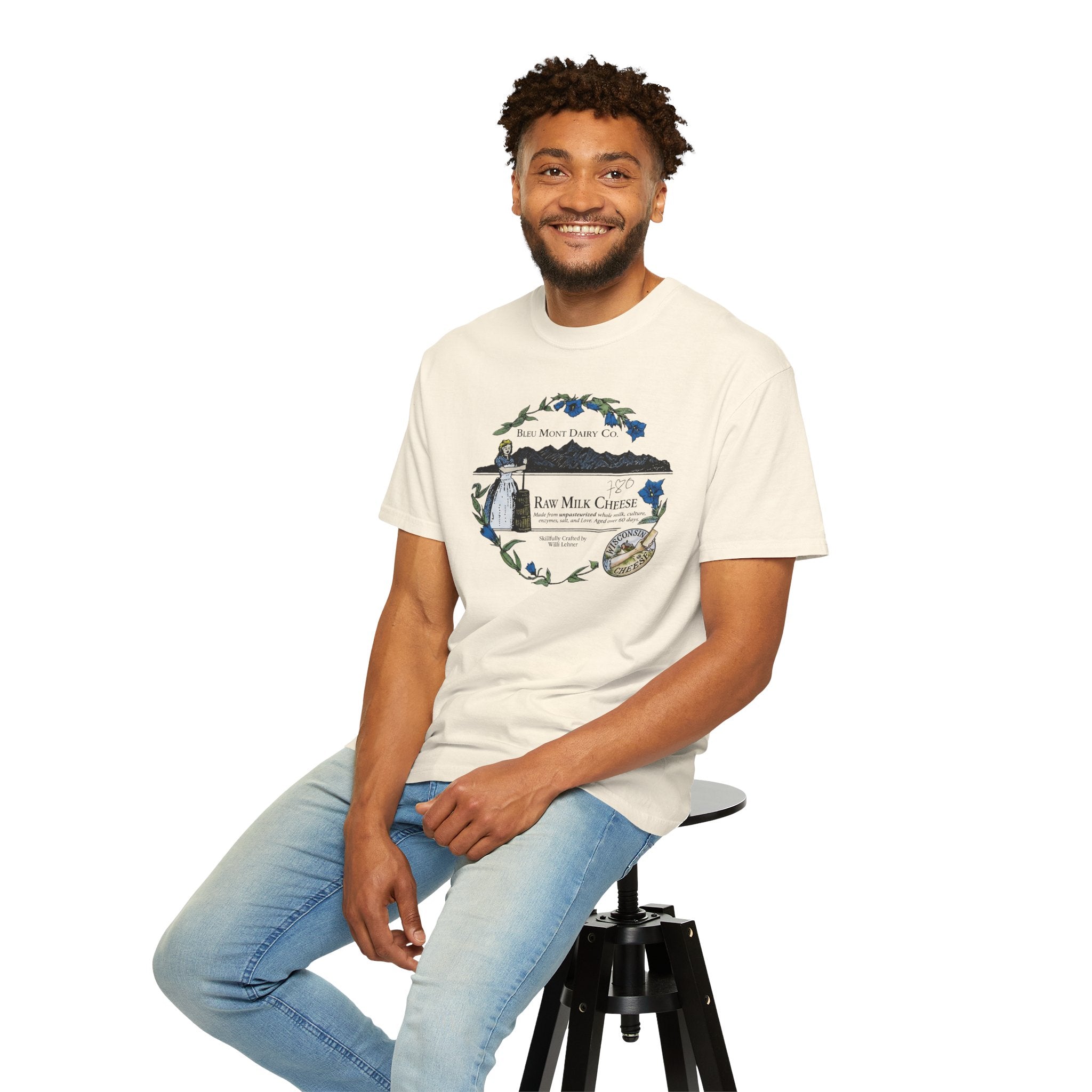 "Made with Love" The Original Bleu Mont Dairy  Raw Milk Cheese Label T-Shirt