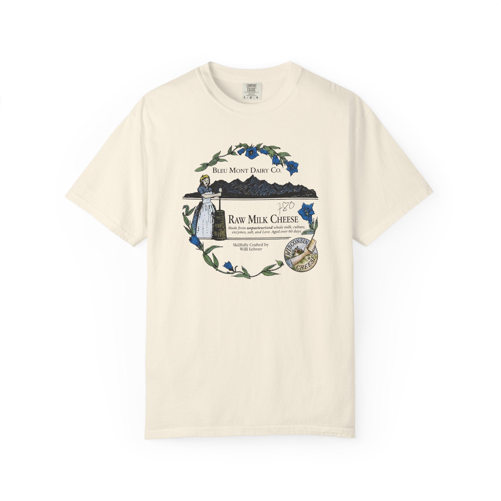 "Made with Love" The Original Bleu Mont Dairy  Raw Milk Cheese Label T-Shirt