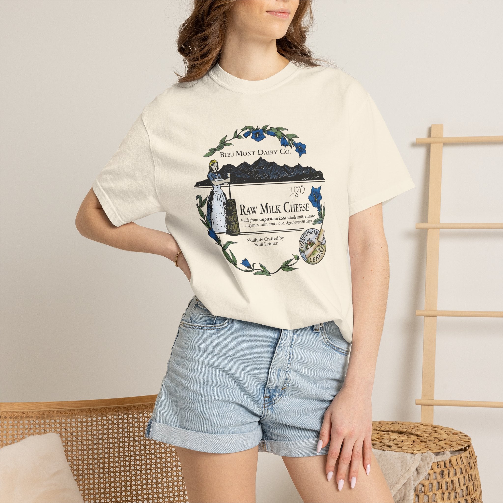 "Made with Love" The Original Bleu Mont Dairy  Raw Milk Cheese Label T-Shirt