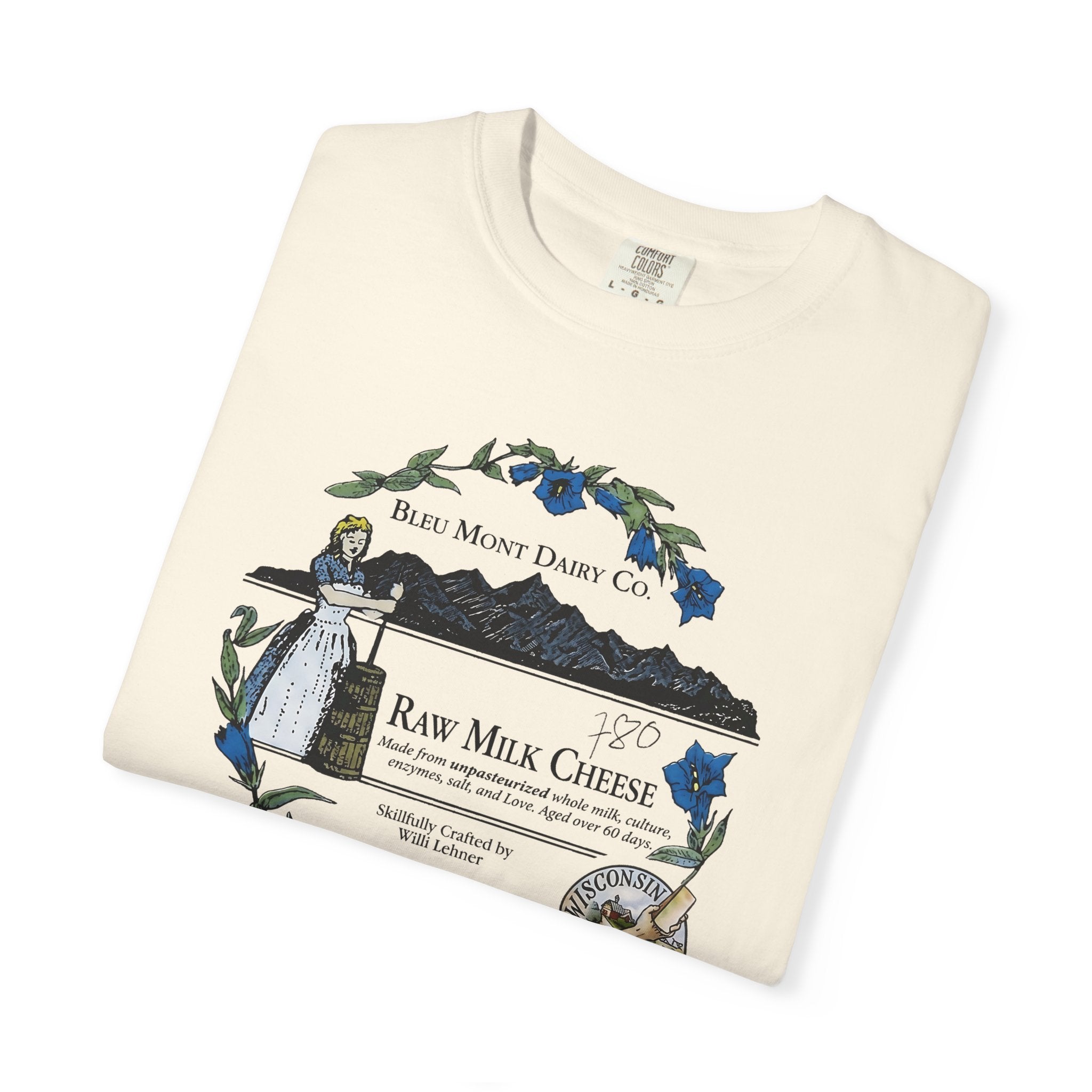 "Made with Love" The Original Bleu Mont Dairy  Raw Milk Cheese Label T-Shirt
